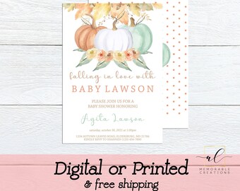 Gender Neutral Pumpkin Baby Shower Invitation, Pumpkin Baby Shower Invitation, Fall Baby Shower Invite, Falling in Love with Baby Invite