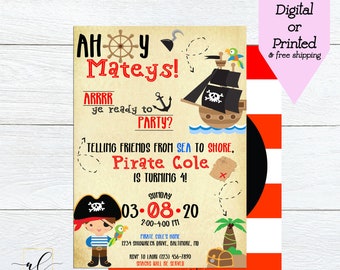 May include: Ahoy Mateys!  A pirate themed birthday invitation for a child turning four. The invitation features a pirate ship, a treasure chest, a palm tree, and a pirate holding a sword. The text on the invitation reads "Ahoy Mateys! Arrrr ye ready to party? Telling friends from sea to shore, Pirate Cole is turning 4! Sunday 03-08-20 2:00-4:00 PM Pirate Cole's Home 1234 Shipwreck Drive, Baltimore, MD RSVP to Laur (123) 456-7890 Snacks will be served."