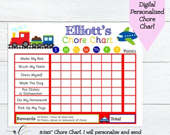 May include: A printable chore chart for kids featuring a red train and a blue airplane. The chart includes a grid with days of the week and chores such as "Make My Bed", "Brush My Teeth", and "Pick Up My Toys". It also includes a section for rewards with points for completing chores.
