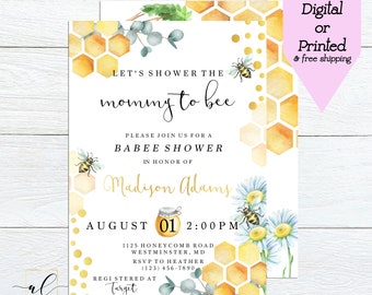 Honey Bee Baby Shower Invitation, Mommy to Bee Invite, Bee Baby Shower Invite, Gender Neutral, Bumble Bee, Honeycomb, Watercolor Bee