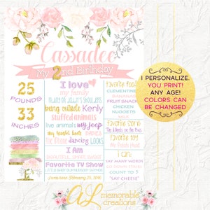 Letrero de cumpleaños con diseño de pastel floral, pizarra de cumpleaños con diseño floral rosa y dorado, póster de cumpleaños para niña, hitos, accesorio para fotos, digital