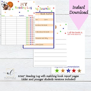 Sports Reading Log, Sports Reading Journal Bundle, Reading Tracker, Book Report Summary, Homeschool, Instant Download Sports Reading Log