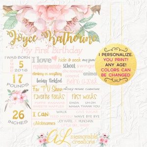 Póster de cumpleaños floral bohemio, pizarra para el primer cumpleaños de una niña, rosa y dorado, letrero para el primer cumpleaños, póster de hitos, archivo digital