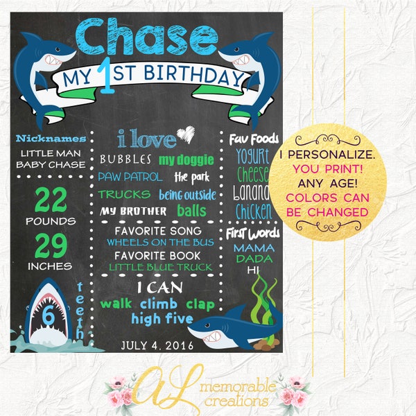 Shark First Birthday Chalkboard, Boy Birthday Chalkboard, 1st Birthday Poster, Shark Party, Photo Prop, Milestones Board, Digital File