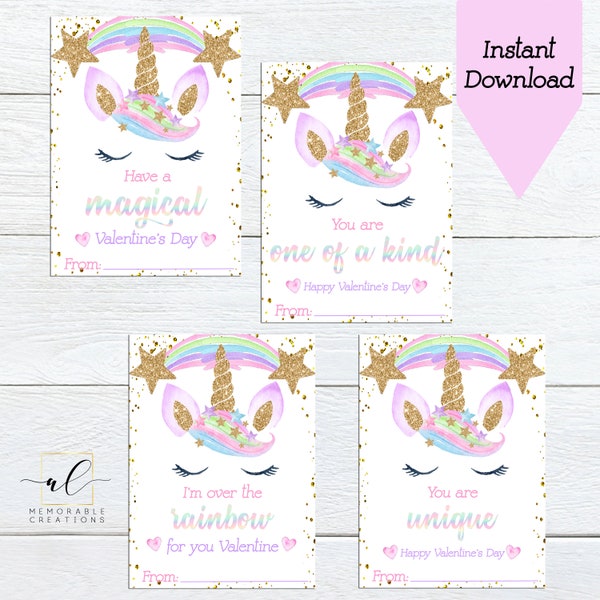 Unicorn Valentine Cards, Kids Valentine Cards, Printable Unicorn Valentines, Valentine's Day, Girl Valentines, Instant Download