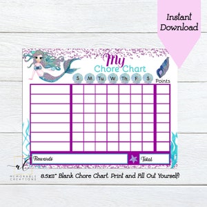 Mermaid Chore Chart, Mermaid Reward Chart, Instant Download Chore Chart Girl, Daily Routines Chart, Chore Chart for Kids, Weekly To Do List