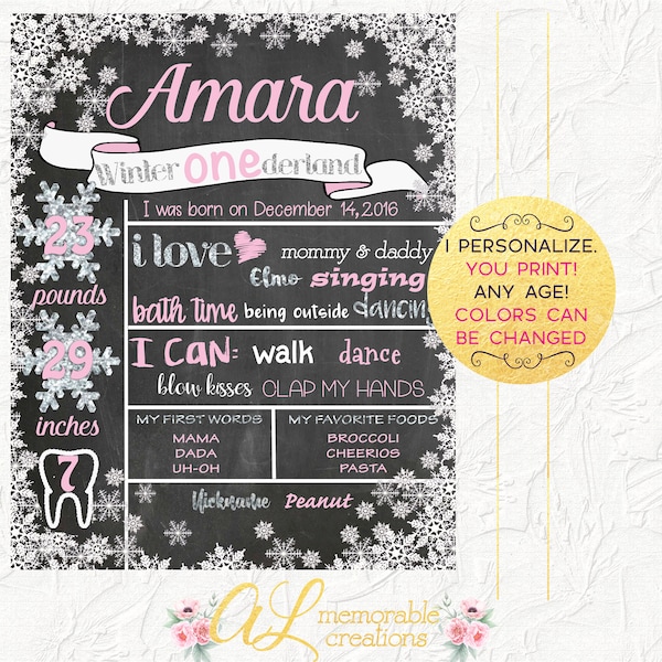 Winter Onederland Chalkboard, Girl First Birthday Chalkboard, 1st Birthday Poster, Pink Winter Onederland Party, Milestones Board, Digital