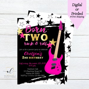 Born Two Rock and Roll Birthday Invitation, Rock and Roll Invite, Girl Rock Star Birthday Party, Pink Guitar Invitation, Girl 2nd Birthday