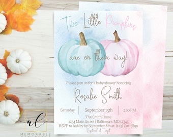 Twins Pumpkin Invitation, Two Little Pumpkins Are On Their Way Invitation, Boy Girl Twins Baby Shower Invitation, Fall Baby Shower Invite