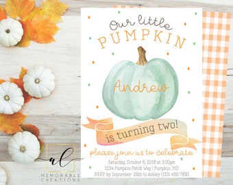 May include: A watercolor illustration of a green pumpkin with the text "Our little PUMPKIN. Andrew is turning two!" and details for a birthday party. The text reads "Please join us to celebrate Saturday, October 6, 2018 at 3:00pm 1234 Pumpkin Patch Way | Pumpkin, MD RSVP by September 29th to Ashley (123) 456-7890"