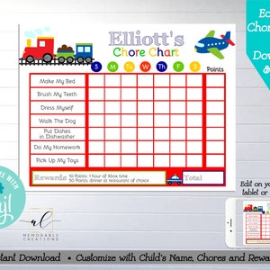 May include: Editable chore chart printable with a red, white, and blue airplane and train design. The chart has a space for a child's name, days of the week, chores, and points. The chart also includes a section for rewards, with options for Xbox time and dinner at a restaurant.