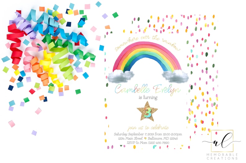 May include: A rainbow-themed birthday invitation with a colorful rainbow, clouds, and a gold star. The text reads "Somewhere over the rainbow, Cambelle Evelyn is turning 3, join us to celebrate, Saturday September 7, 2019 from 12:00-2:00pm, 1234 Main Street, Baltimore, MD 12346, RSVP to Mom (123) 456-7890".