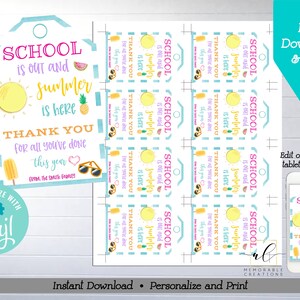 School is Out Summer is Here Teacher Thank You Printable Tags, Edit ...