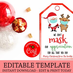 Christmas Face Mask Printable Tags, Edit Yourself Can&#39;t Mask Our Appreciation Tags, Instant Download Teacher Gift Tag, Staff Appreciation