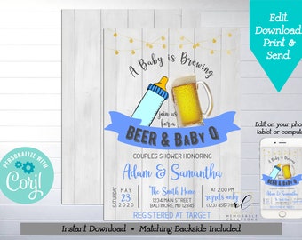 A Baby is Brewing Baby Shower Printable Invitation, Edit Yourself Beer and Baby Q Invite, CoEd Boy Baby Shower Invite, Instant Download