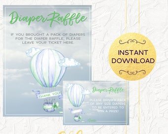Blue Hot Air Balloon Diaper Raffle Insert, Up Up and Away Baby Shower, Baby Boy Shower Invitation Insert, Diaper Raffle, Instant Download