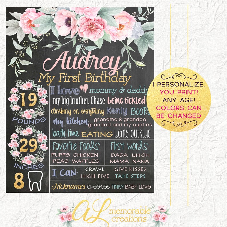 Floral First Birthday Sign, Pink and Gold Floral Birthday Chalkboard, Girl 1st Birthday, Birthday Poster, Milestones, Photo Prop, Digital image 3