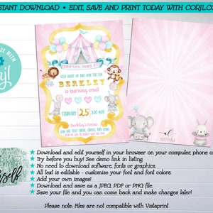 May include: Pink and gold printable invitation for a child's first birthday party. The invitation features a circus theme with a tent, animals, and balloons. The text on the invitation reads "Come one, come all! Step right up and join the fun Berkley is turning one!" February 25, 200-400. Berkley's Circus 129N Tent Drive, Crous, MD 1206.  Download and edit yourself in your browser on your computer, phone or tablet. Try before you buy! See demo link in listing. No need to download software, fonts or graphics. All text is editable - customize your font and font colors. Add your own images! Download and save as a JPEG, PDF or PNG file. Save your file and you can come back and make changes later! Please note: Files are not compatible with Vistaprint.