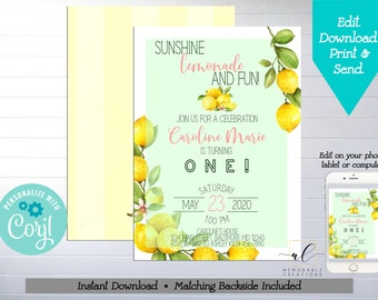 Lemon 1st Birthday Printable Invitation, Edit Yourself Lemon Birthday Invite, Citrus Invitation Template, Sunshine Lemonade and Fun, Instant