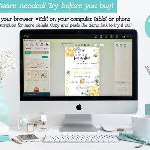 May include: A computer screen displaying a customizable invitation template for a child's second birthday party. The invitation features a yellow honeycomb pattern, a bee, and the text "Our Little Honeybee is Turning Two".