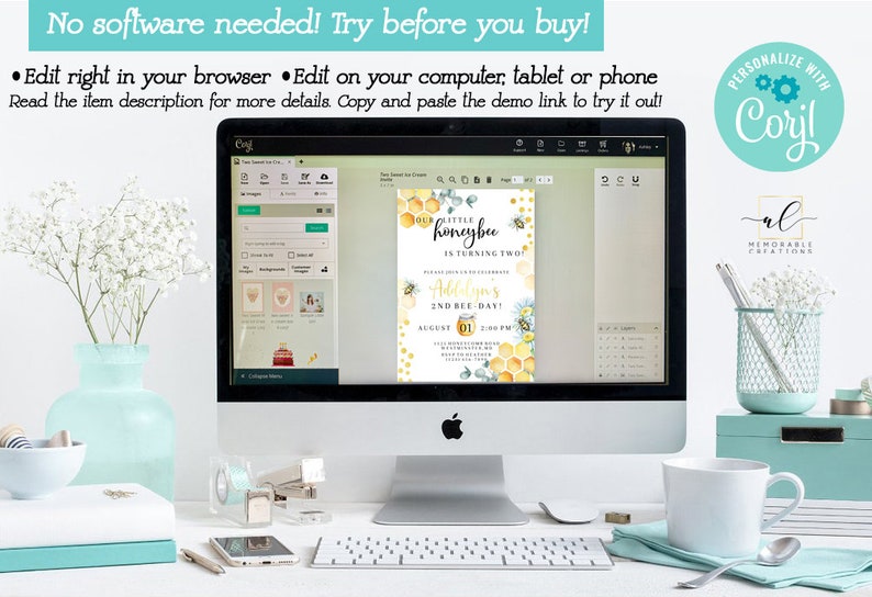 May include: A computer screen displaying a customizable invitation template for a child's second birthday party. The invitation features a yellow honeycomb pattern, a bee, and the text "Our Little Honeybee is Turning Two".