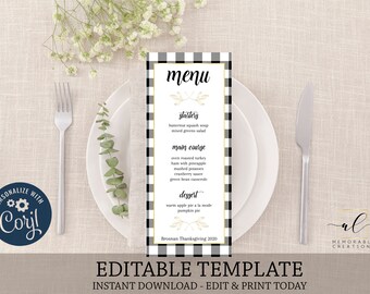 Buffalo Plaid Thanksgiving Printable Menu, Edit Yourself Thanksgiving Menu Template, Instant Download Menu Card, Friendsgiving, Fall Menu