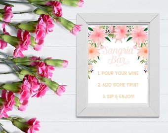 Sangria Bar Sign, Fruit Drink Bar Sign, Bridal Shower Sign, Baby Shower Sign, Floral, Rose Gold, Mimosa Bar Sign, Signage, Typography