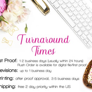 May include: A white background with pink flowers, gold clips, a keyboard, and a gold pineapple dish with colourful confetti. The text "Turnaround Times" is written in pink. The text below lists the turnaround times for different stages of an order: 1st Proof, Revisions, Printing, and Shipping.