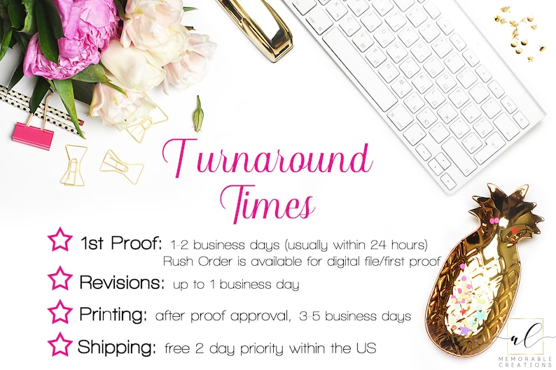 May include: A white background with pink flowers, gold clips, a keyboard, and a gold pineapple dish with colourful confetti. The text "Turnaround Times" is written in pink. The text below lists the turnaround times for different stages of an order: 1st Proof, Revisions, Printing, and Shipping.