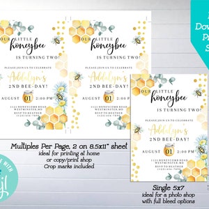 May include: Two printable 5x7 inch invitations for a child's second birthday party. The invitations feature a watercolor illustration of a honeycomb with bees and flowers. The text on the invitations reads "Our little honeybee is turning two!" and "Please join us to celebrate Addalyn's 2nd Bee-Day!"