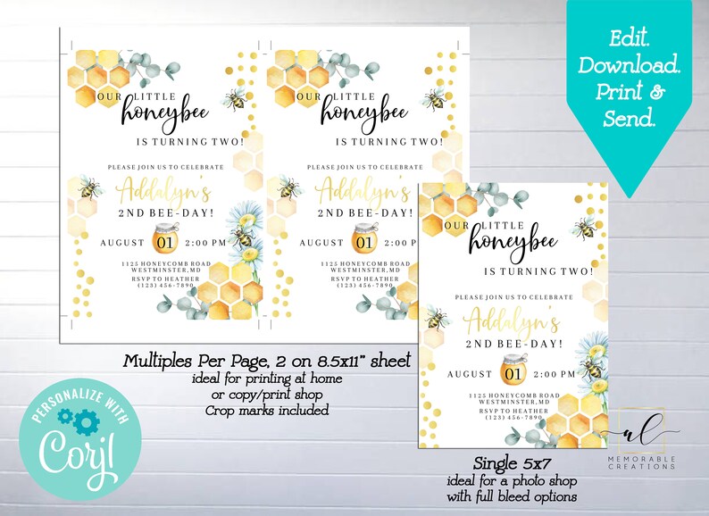 May include: Two printable 5x7 inch invitations for a child's second birthday party. The invitations feature a watercolor illustration of a honeycomb with bees and flowers. The text on the invitations reads "Our little honeybee is turning two!" and "Please join us to celebrate Addalyn's 2nd Bee-Day!"