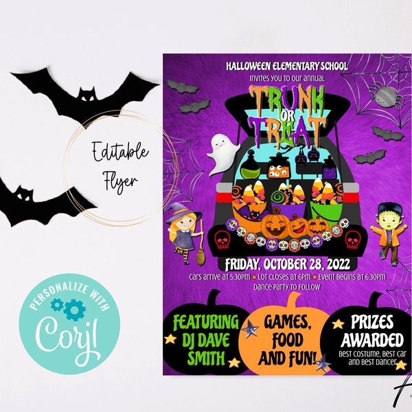 Editable Trunk or Treat Flyer, Printable Halloween Invitation, Instant Download Community Halloween Event Flyer, Kids Halloween Party