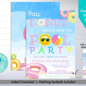 Donut Pool Party Birthday Printable Invitation, Edit Yourself Pool Party Invite, Instant Download Pool Float Invite, Donut Birthday Party