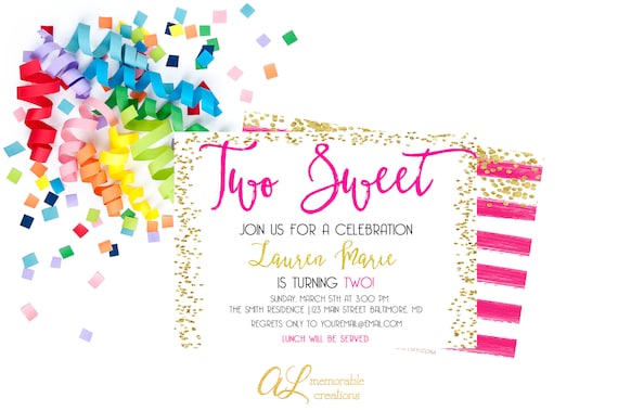 Two Sweet Girl 2nd Birthday Invitation, Hot Pink and Gold Birthday Invitation, Girl Birthday Invitation, Two Sweet Party, 2nd Birthday