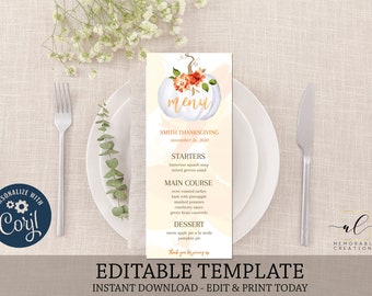 Watercolor Thanksgiving Printable Menu, Edit Yourself White Pumpkin Thanksgiving Menu Template, Instant Download Menu Card, Friendsgiving
