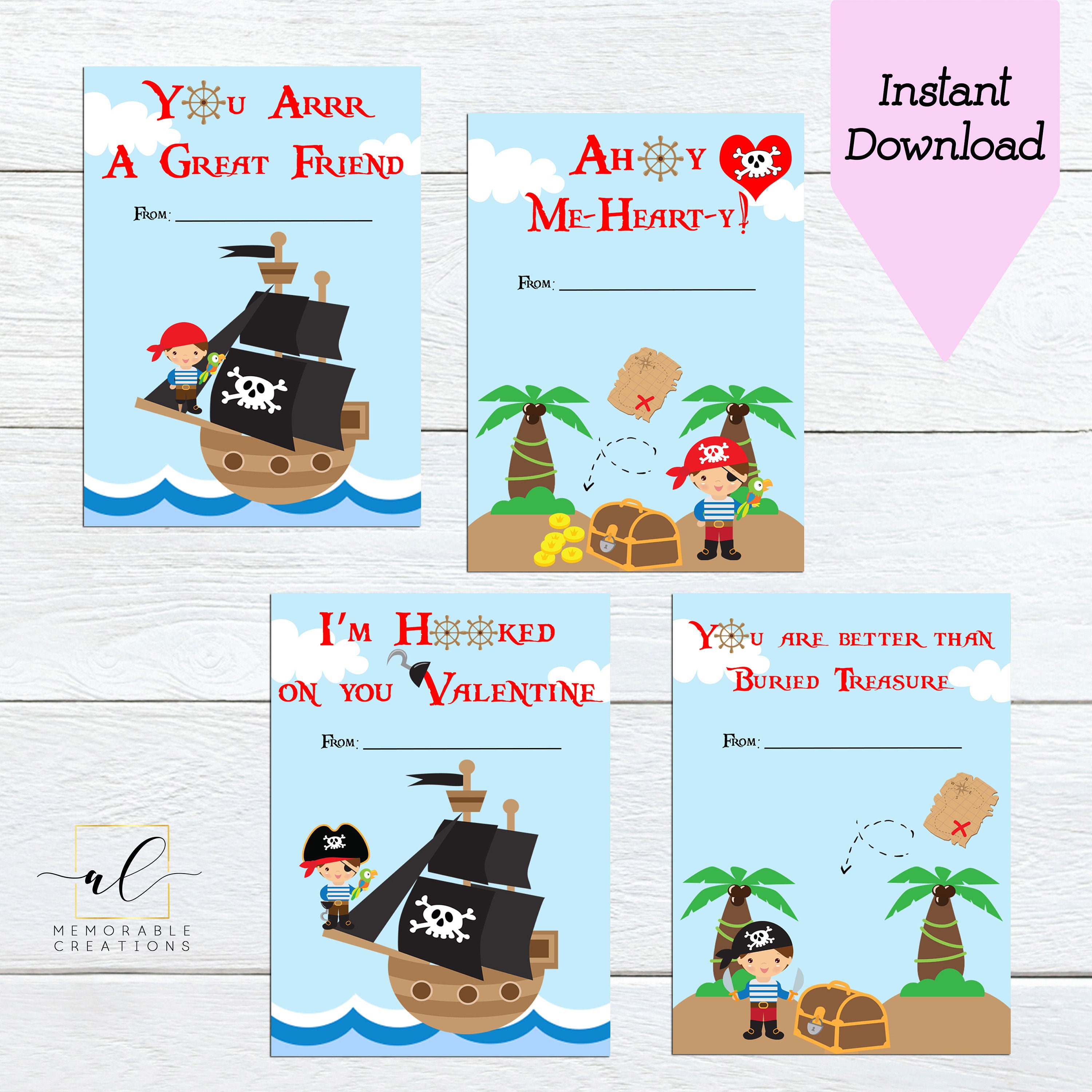 Pirate Valentine Cards Kids Valentine Cards Printable Pirate Etsy