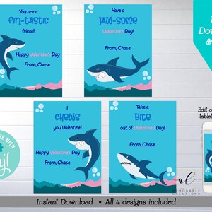 Shark Valentine Printable Cards, Editable Shark Valentines, Instant Download Valentine&#39;s Day Cards, Boy Valentines, Kids Valentines