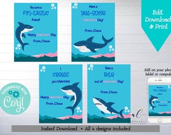 Shark Valentine Printable Cards, Editable Shark Valentines, Instant Download Valentine's Day Cards, Boy Valentines, Kids Valentines