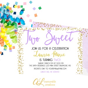 May include: Purple and gold birthday invitation with the text "Two Sweet" and "Lauren Marie is turning Two!"  The invitation has a confetti design and a watercolor background.