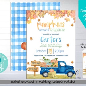 Blue Pumpkin Truck Birthday Printable Invitation, Edit Yourself Boy Fall Birthday Invite, Pumpkin Leaves and Stacks of Hay, Instant Download