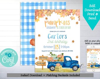 May include: A blue and white gingham background with a fall-themed invitation for a 2nd birthday party. The invitation features a blue truck with pumpkins and hay bales. The text on the invitation reads "Pumpkins Leaves & Stacks of Hay" and "Carter's 2nd Birthday". The invitation also includes the date and time of the party, "October 18 | 2:00pm", and the location, "Bupperts Farm, 1234 Pumpkin Lane, Baltimore, MD 12345".