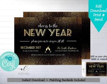 New Year's Eve Party Printable Invitation, Edit Yourself Gold Confetti New Years Invite, Instant Download Black Gold New Years Eve Party