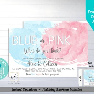 Watercolor Blue or Pink Gender Reveal Party Printable Invitation, Edit Yourself Blue Pink Gender Reveal Invitation, Instant Download, Corjl