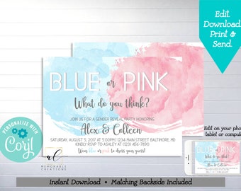 Watercolor Blue or Pink Gender Reveal Party Printable Invitation, Edit Yourself Blue Pink Gender Reveal Invitation, Instant Download, Corjl