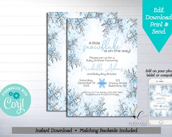 Little Snowflake Baby Shower Printable Invitation, Edit Yourself Boy Winter Baby Shower Invitation, Instant Download Blue Snowflake Invite