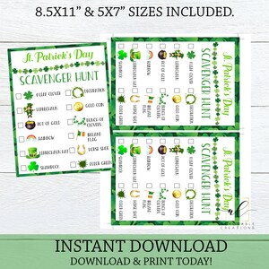 May include: Printable St. Patrick's Day scavenger hunt game cards with a green shamrock background. The cards feature a checklist of items to find, including a four-leaf clover, leprechaun, pot of gold, rainbow, leprechaun hat, and shamrock.