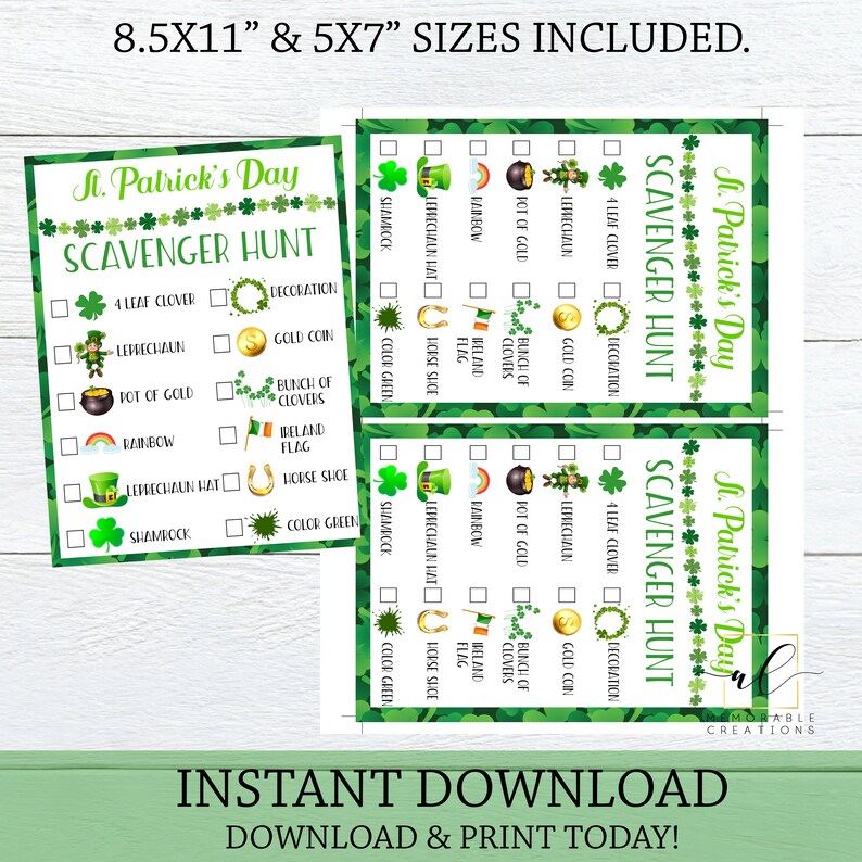 May include: Printable St. Patrick's Day scavenger hunt game cards with a green shamrock background. The cards feature a checklist of items to find, including a four-leaf clover, leprechaun, pot of gold, rainbow, leprechaun hat, and shamrock.