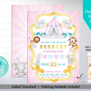 Circus Birthday Printable Invitation, Edit Yourself Pink Circus Birthday Invite, Circus Birthday Party, Big Top, Carnival, Instant Download