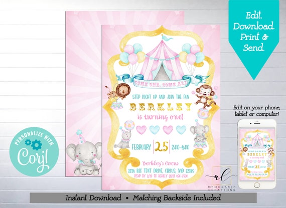 Circus Birthday Printable Invitation, Edit Yourself Pink Circus Birthday Invite, Circus Birthday Party, Big Top, Carnival, Instant Download