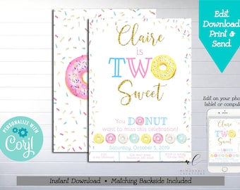 Two Sweet Donut Printable Invitation, Edit Yourself Donut Birthday Invite, Instant Download Two Sweet Donut Invite, Donut Editable, Corjl